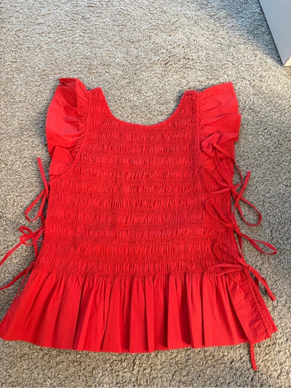 Ganni Red Smocked Ruffle Sleeve Top with Side Ties